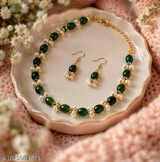 Green Beaded Necklace Set for Women