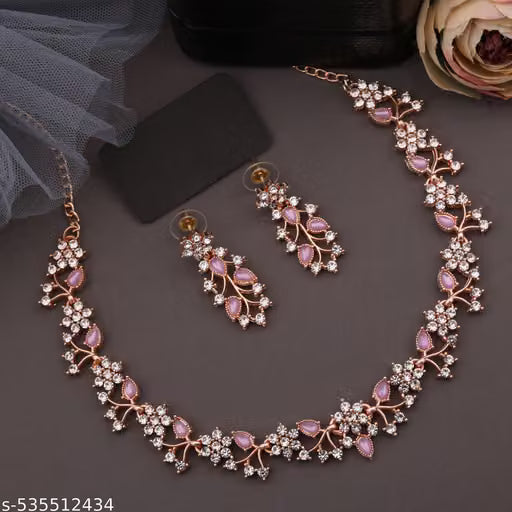 Jewellery Rose Gold-Plated Artificial Stone Studded Necklace Jewellery set with 1 Pair of Earring