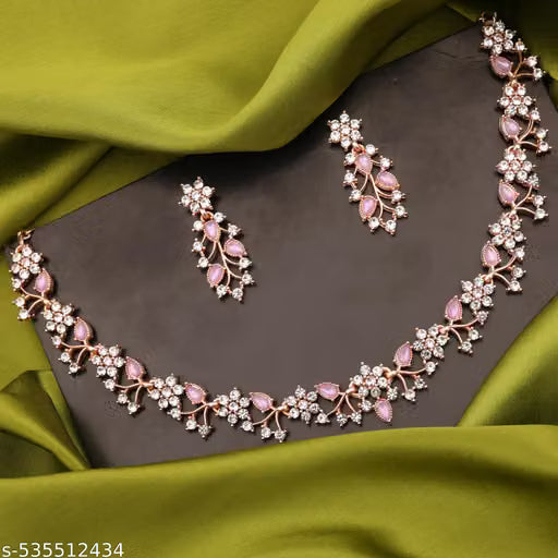 Jewellery Rose Gold-Plated Artificial Stone Studded Necklace Jewellery set with 1 Pair of Earring