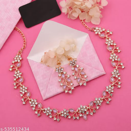 Jewellery Rose Gold-Plated Artificial Stone Studded Necklace Jewellery set with 1 Pair of Earring
