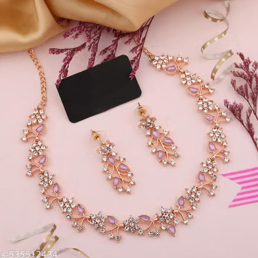 Jewellery Rose Gold-Plated Artificial Stone Studded Necklace Jewellery set with 1 Pair of Earring