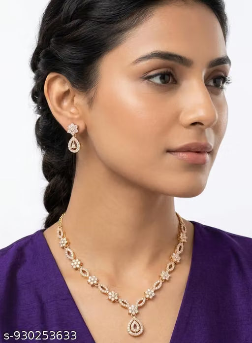 Rose Gold Plated Floral Necklace Set with Teardrop Pendant & Matching Earrings for Women & Girls