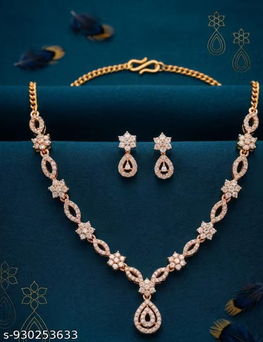 Rose Gold Plated Floral Necklace Set with Teardrop Pendant & Matching Earrings for Women & Girls