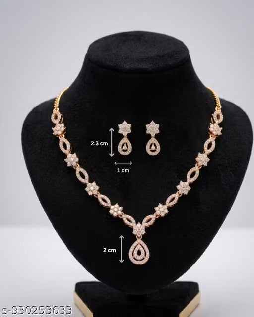 Rose Gold Plated Floral Necklace Set with Teardrop Pendant & Matching Earrings for Women & Girls