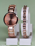New Arrivals Festive Seasonal Stylish Throns Fit Round Ad Solid Gold Dial Metal Chain Belt Analog Watch with Attractive Diamond Studded Bracelet Combo for Women & Girls.`