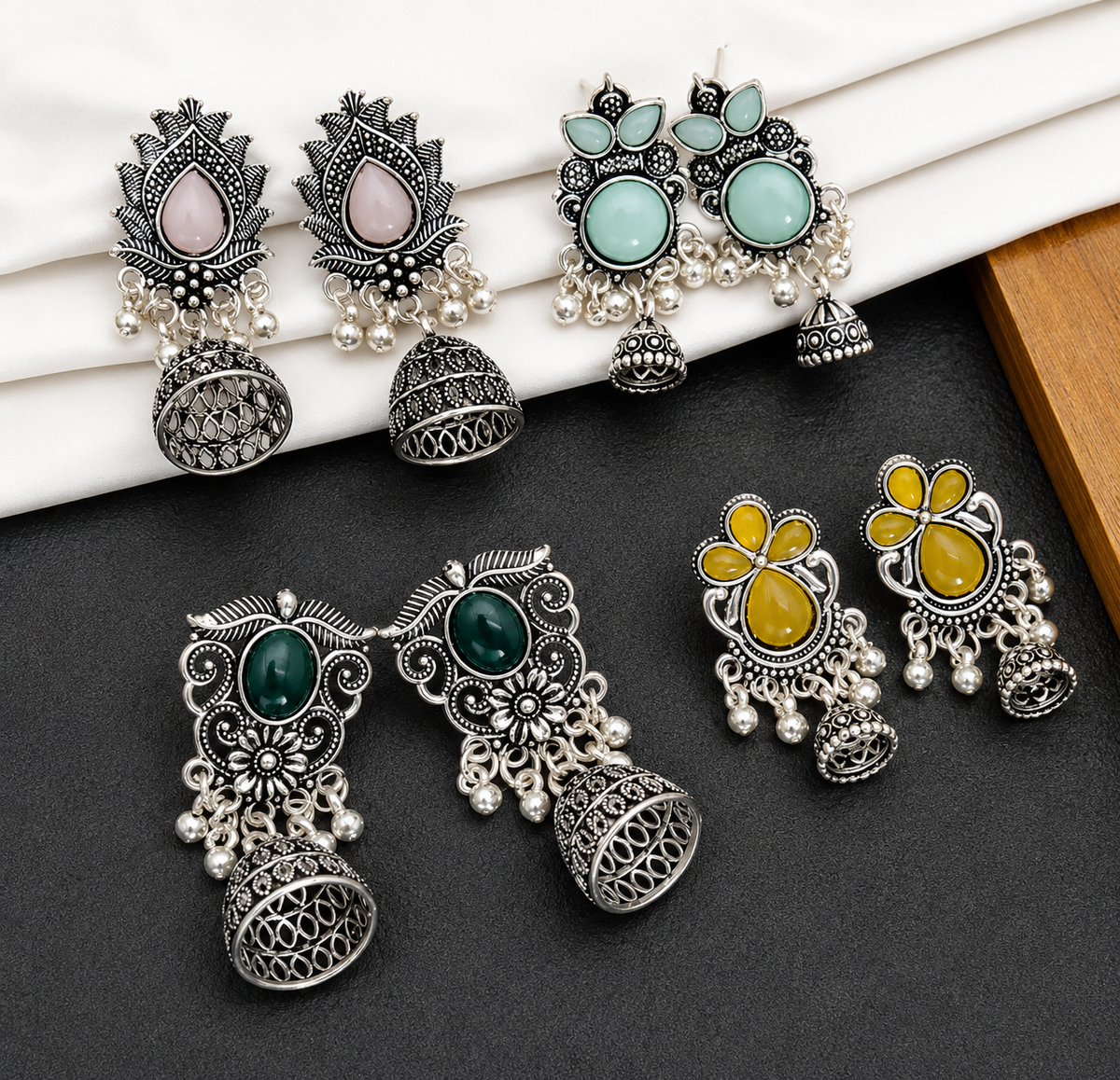 ✨ Oxidised Silver Multicolor Jhumkas
