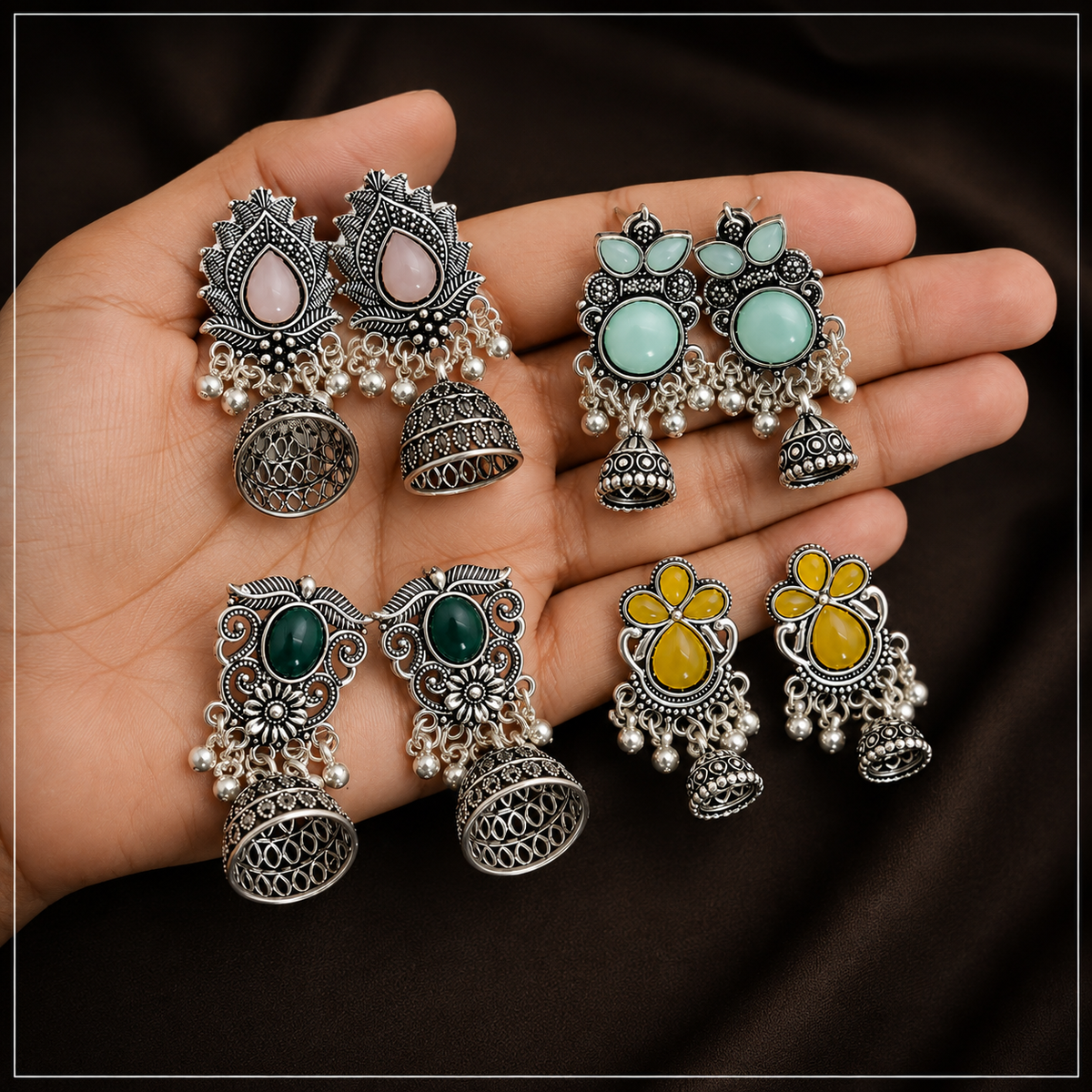✨ Oxidised Silver Multicolor Jhumkas